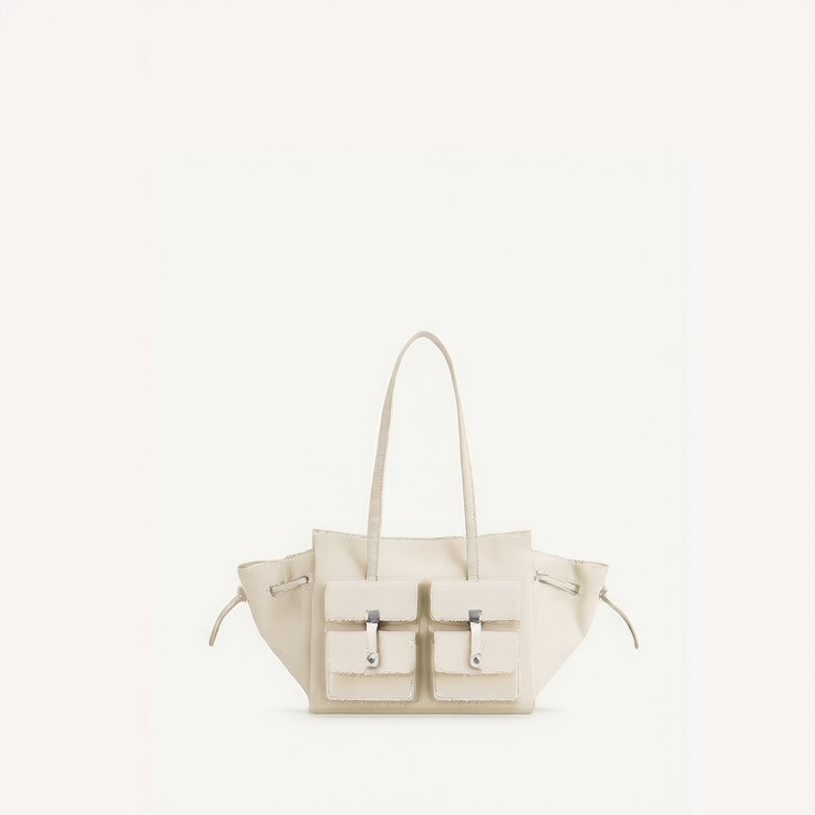 JW PEI Linda Genuine Leather Shoulder Tote Bag Camel Beige Tote Bag with Front Pockets | Wing Tote Shoulder Bag Leather