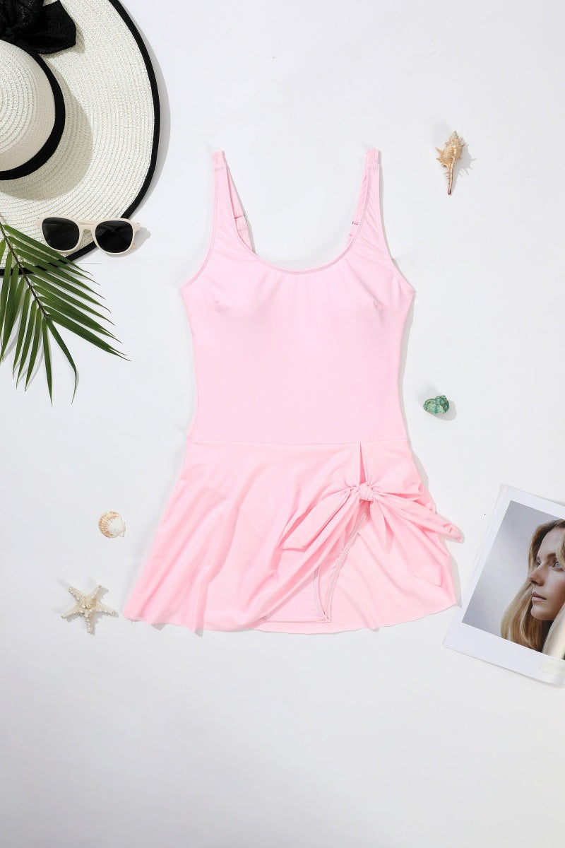 Black One-Piece Swimsuit with Wrap Skirt | Scoop Neck Tie Side Swim Dress | Tummy Control Beach Swimwear for Women