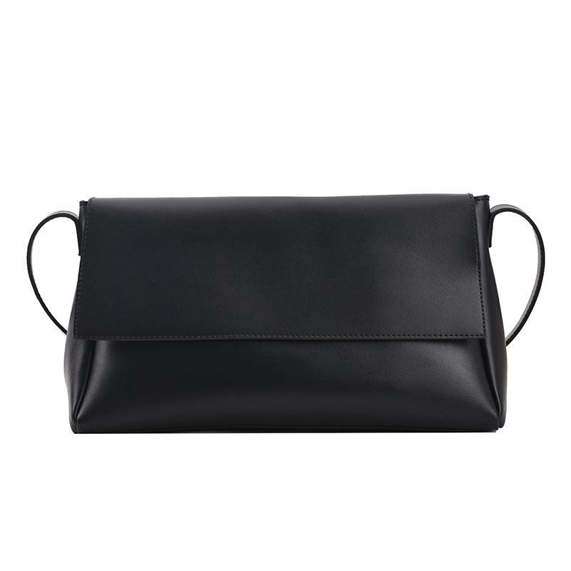 Women's Minimalist Black Leather Crossbody Bag | Sleek Flap Shoulder Bag | Everyday Clutch Purse for Work, Travel & Occasions