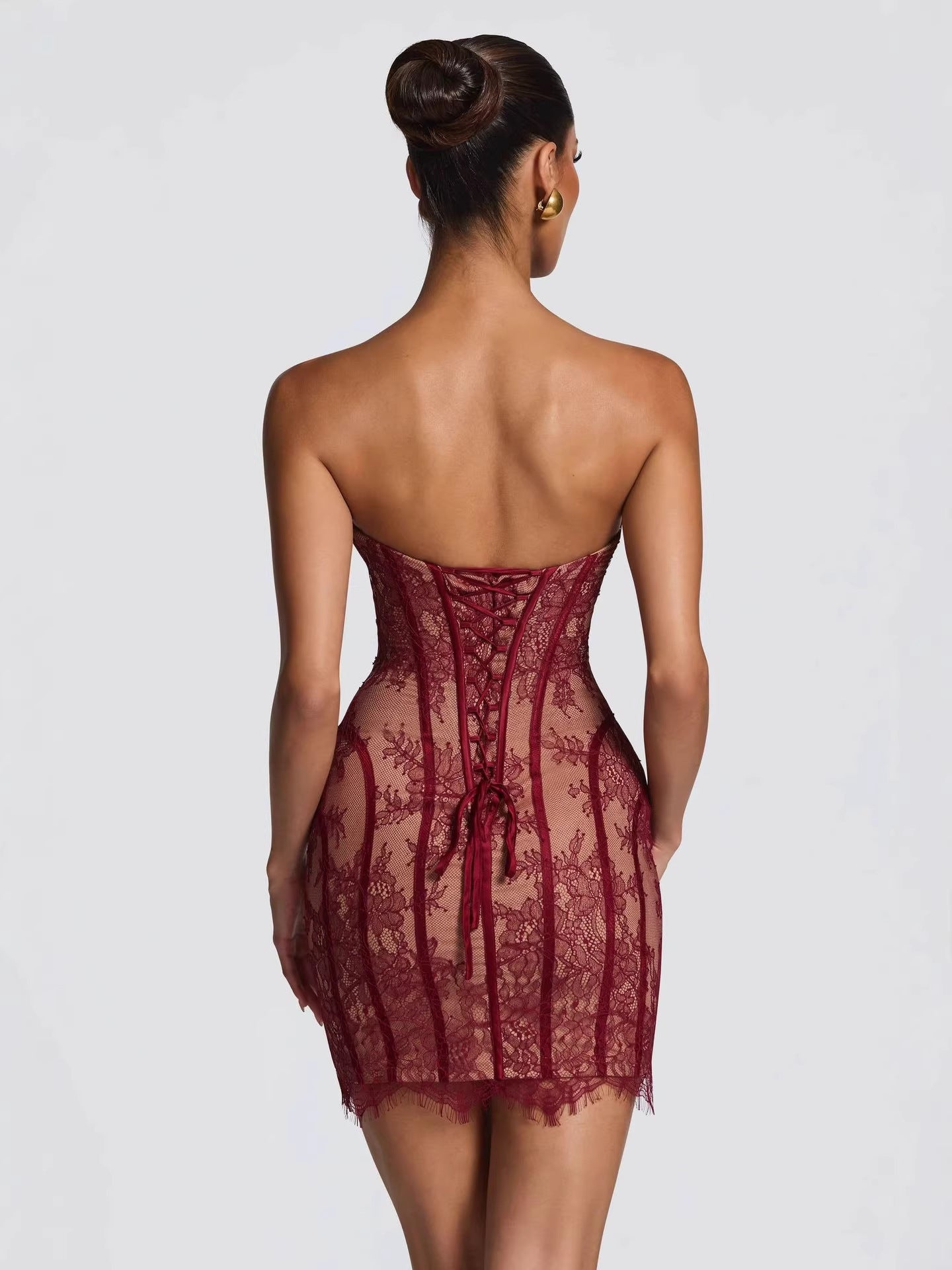 Burgundy Lace Corset Bodycon Dress | Strapless Sweetheart Sheer Lace Midi Dress | Women's Luxury Party & Evening Dress