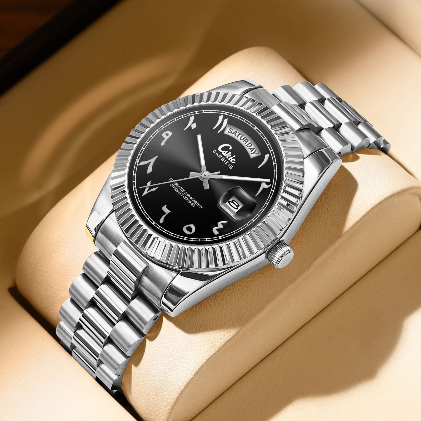 Carsikie Arabic Numeral Watch Men | Black Sunray Dial | Fluted Bezel President Style | Day Date Silver Stainless Steel Watch
