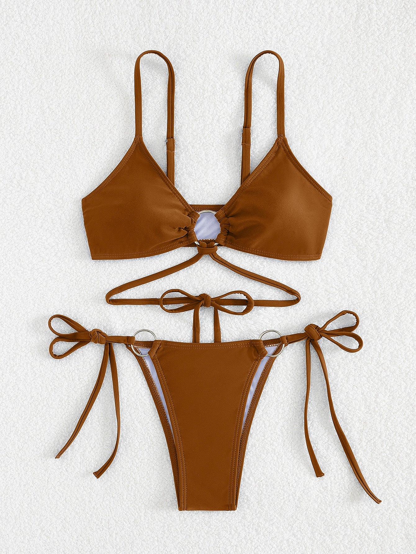 Set Bikini Con Anelli A O In Rosso Borgogna | Top Triangolo Con Anello Centrale E Slip Perizoma Con Anello Doppio E Laccetti | Costume Da Bagno Due Pezzi Sexy Con Spalline Per Donna