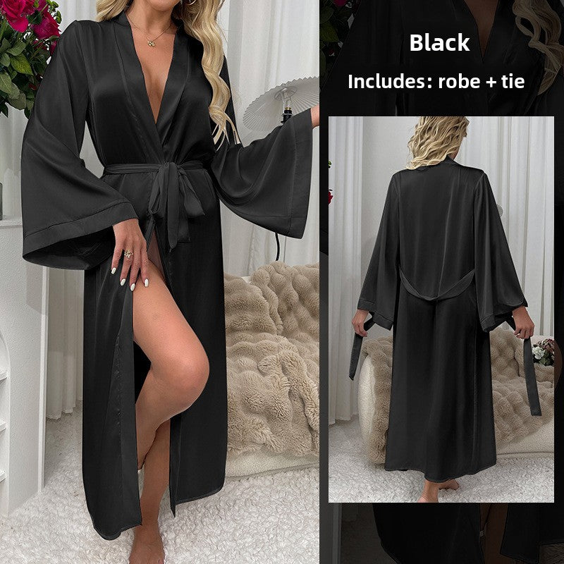 Women's Black Satin Maxi Robe with Belt Sexy Deep V Neck Flared Sleeve Floor Length Dressing Gown Kimono Sleepwear