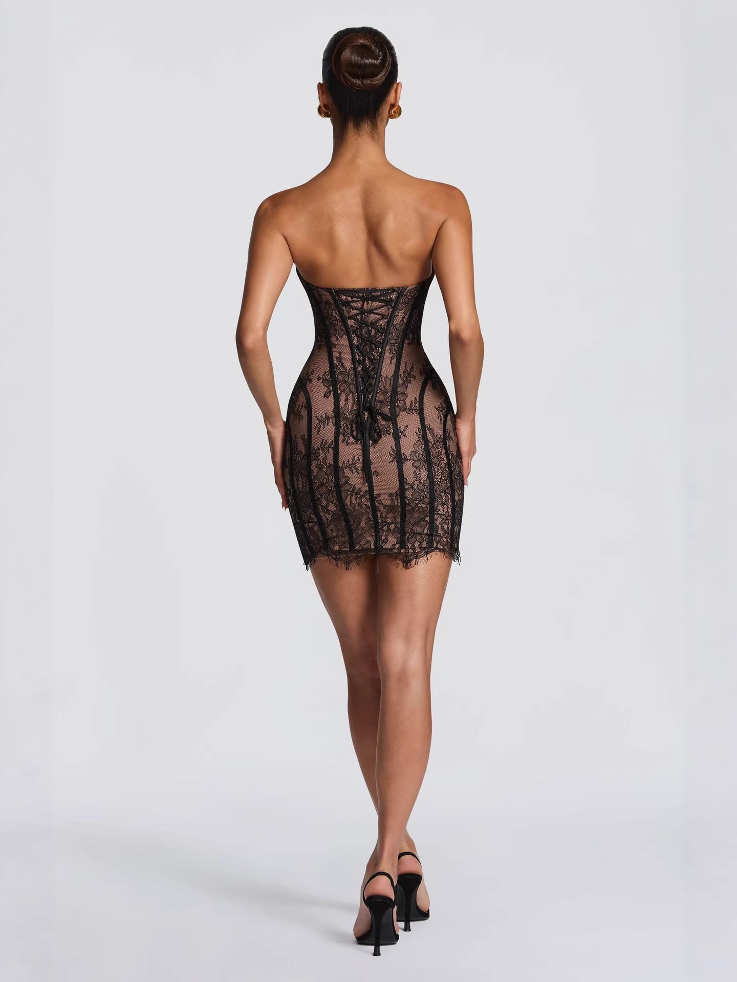 Burgundy Lace Corset Bodycon Dress | Strapless Sweetheart Sheer Lace Midi Dress | Women's Luxury Party & Evening Dress