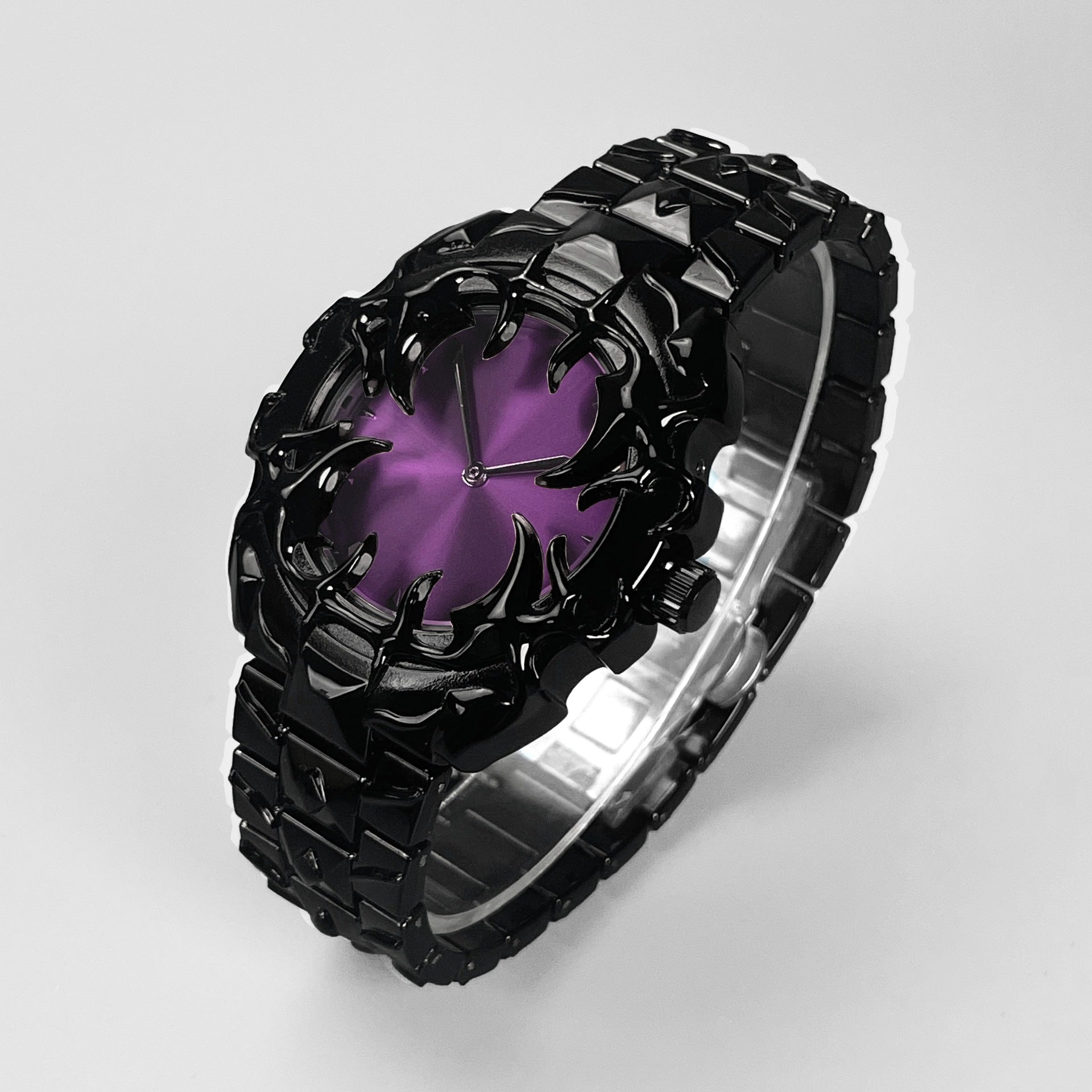 Gothic Black Thorn Spike Watch for Men | Red Dial Dark Luxury Stainless Steel Quartz Timepiece