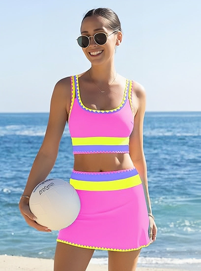 Black Neon Color Block Tankini Set with Skirt | Sporty Crop Top Swim Skirt Swimsuit | Women's Retro Athletic Swimwear