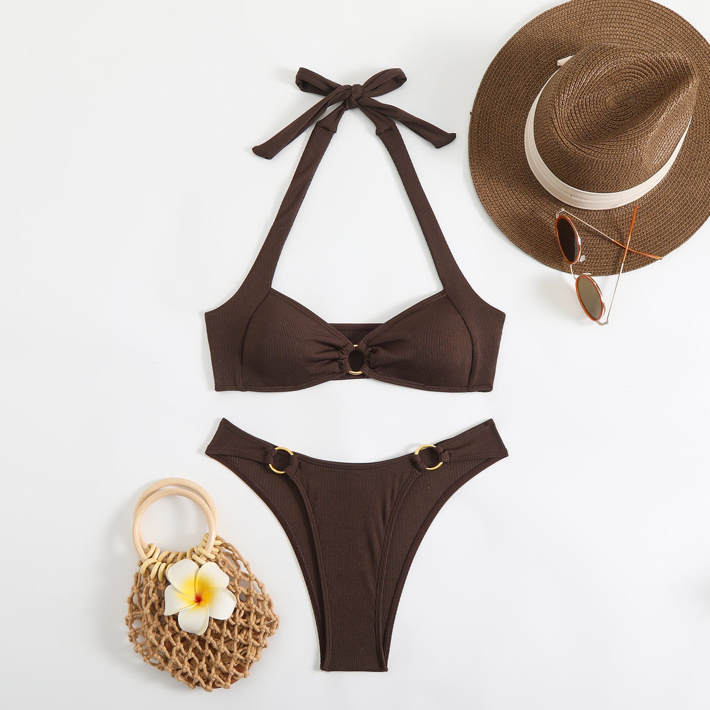 Black Ribbed Halter Bikini Set with Gold O-Ring Detail | Two Piece Swimsuit