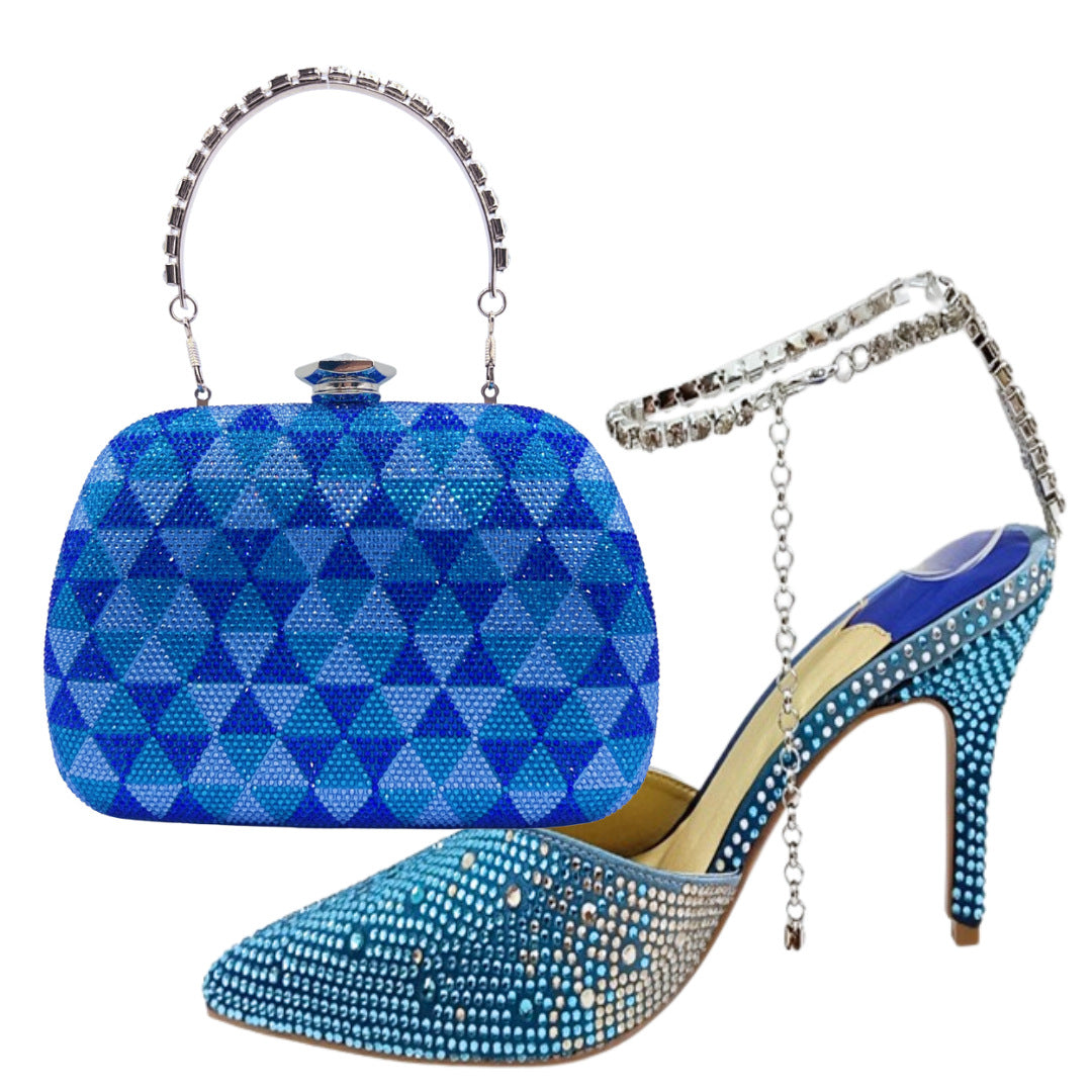 Green Crystal Rhinestone Heels & Matching Clutch Bag Set | Diamante Stiletto Pointed Toe Slingback Evening Shoes & Purse