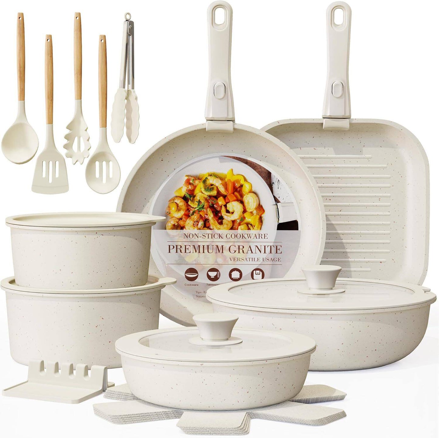23-Piece Premium Granite Non-Stick Cookware Set - Pots, Pans, Grill Pan, Casseroles & Utensils | Cream White Speckled Kitchen Set
