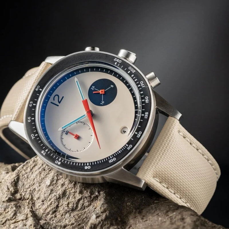 Hochleistungs-Leuchtchronograph für Herren | Sportuhr mit orange-türkisfarbenen Leuchtzeigern und Canvas-Armband 