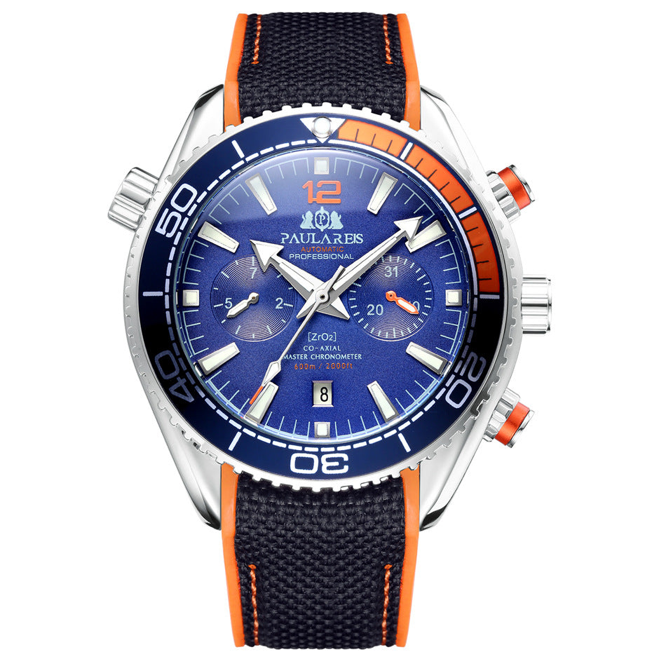 Paulareis Automatic Professional Diver Chronograph Watch | ZrO2 Co-Axial Master Chronometer 600m | Black & Orange Rubber Strap Men's Watch