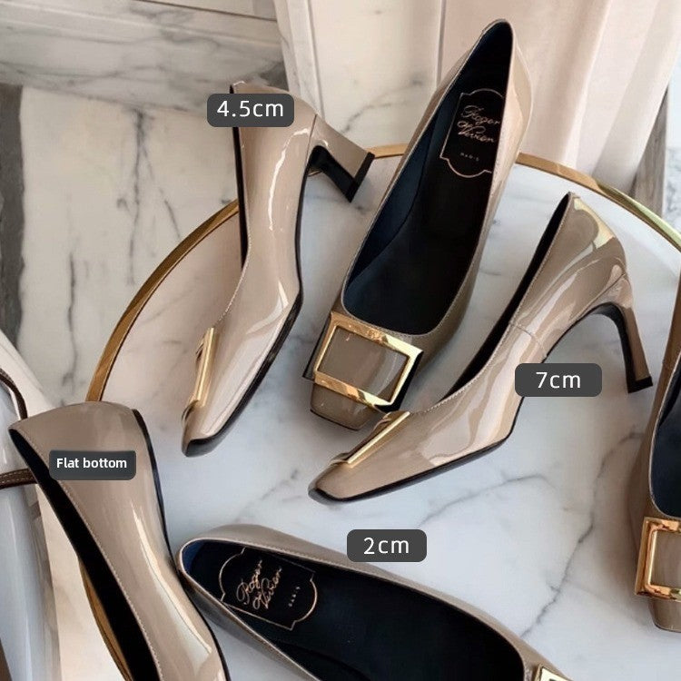 Nude Beige Patent Leather Square Toe Ballet Flats with Oversized Gold Square Buckle | Elegant Everyday Luxury Shoes for Women