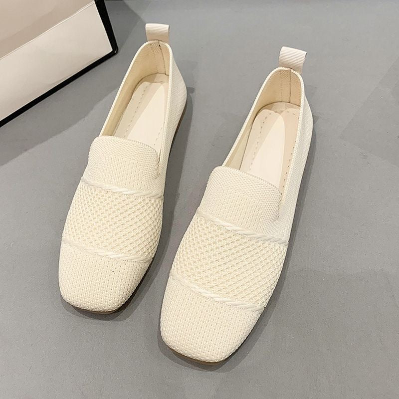 Khaki Knit Mesh Loafer Flats for Women | Breathable Slip-On Square Toe Knitted Flat Shoes | Casual Lightweight Everyday Loafers | Minimalist Woven Flat Shoes