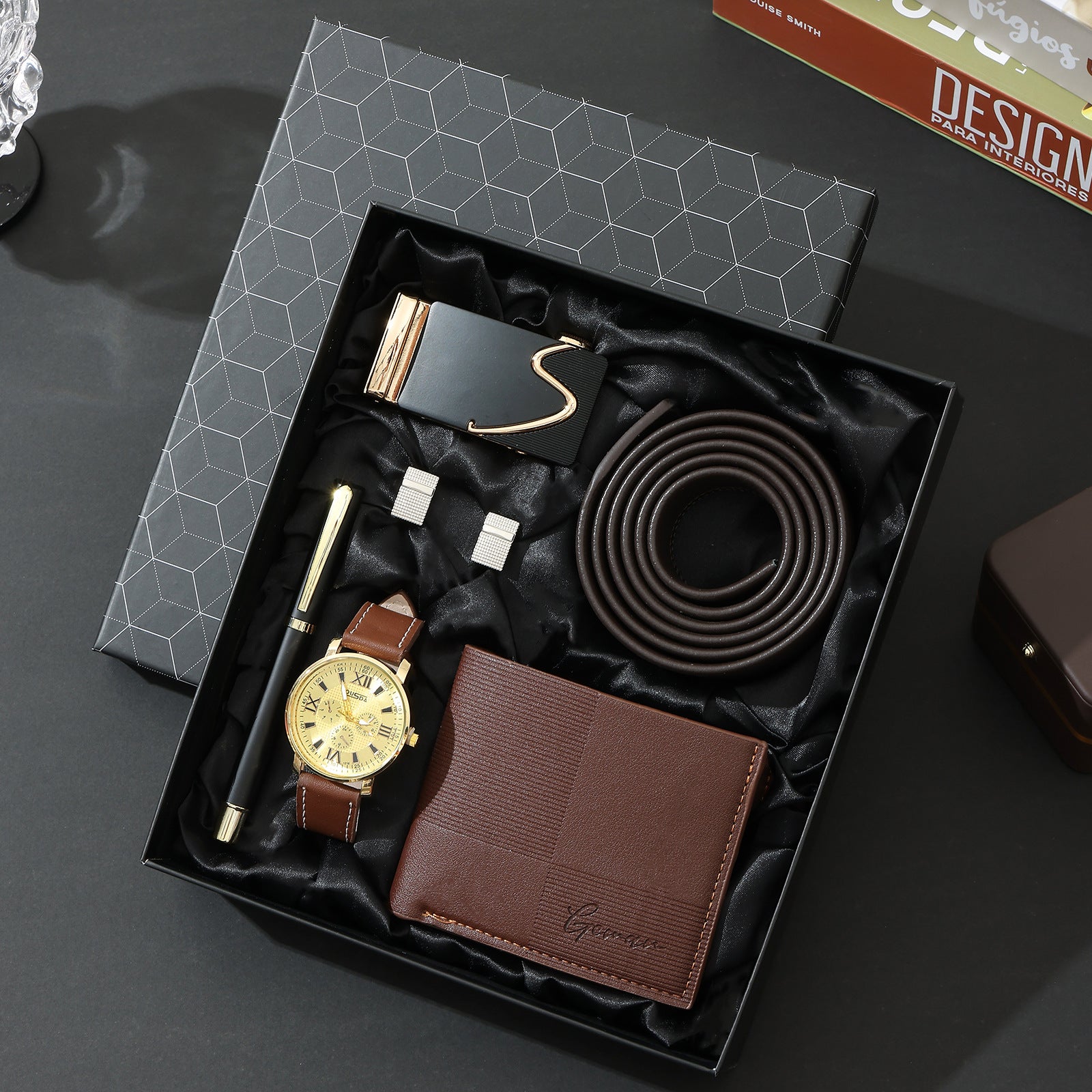 Geman Men's Luxury Gift Set – 6-Piece Black Leather Belt, Wallet, Watch, Bracelet, Keychain & Pen Box Set | Premium Men's Gift