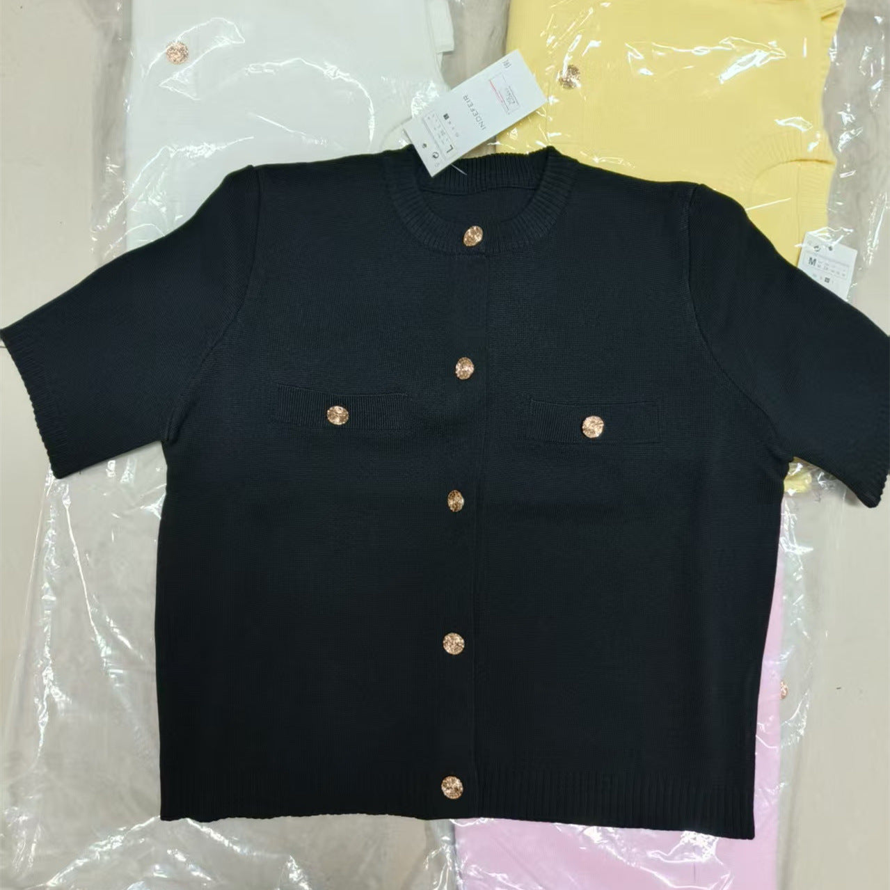 INDEFEIR Women's Burgundy Knit Cardigan - Short Sleeve Button Down Sweater with Gold Jewel Buttons & Chest Pockets - Elegant Cropped Knitwear for Fall Winter - Ladies Luxury Knit Top