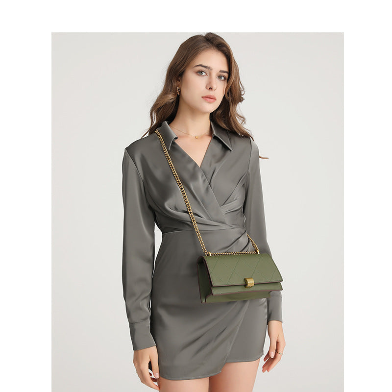 Olive Green Quilted Leather Shoulder Bag - Diamond Quilted Flap Bag with Gold Chain Strap | Classic Crossbody with Rectangle Clasp