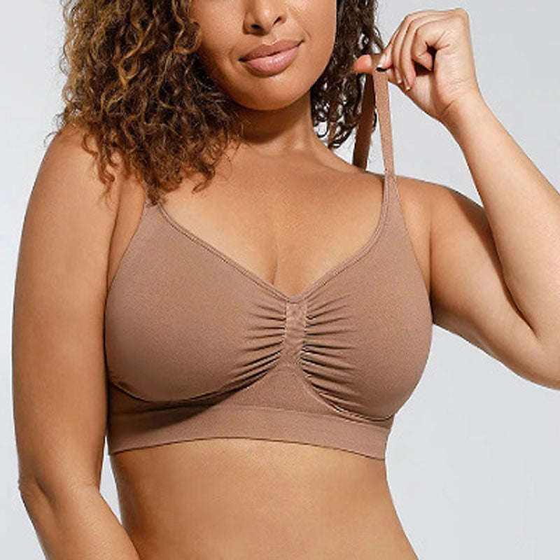 Women's Black Seamless Wireless Bra with Ruched Front Detail, Thin Adjustable Straps and V Neckline for Plus Size