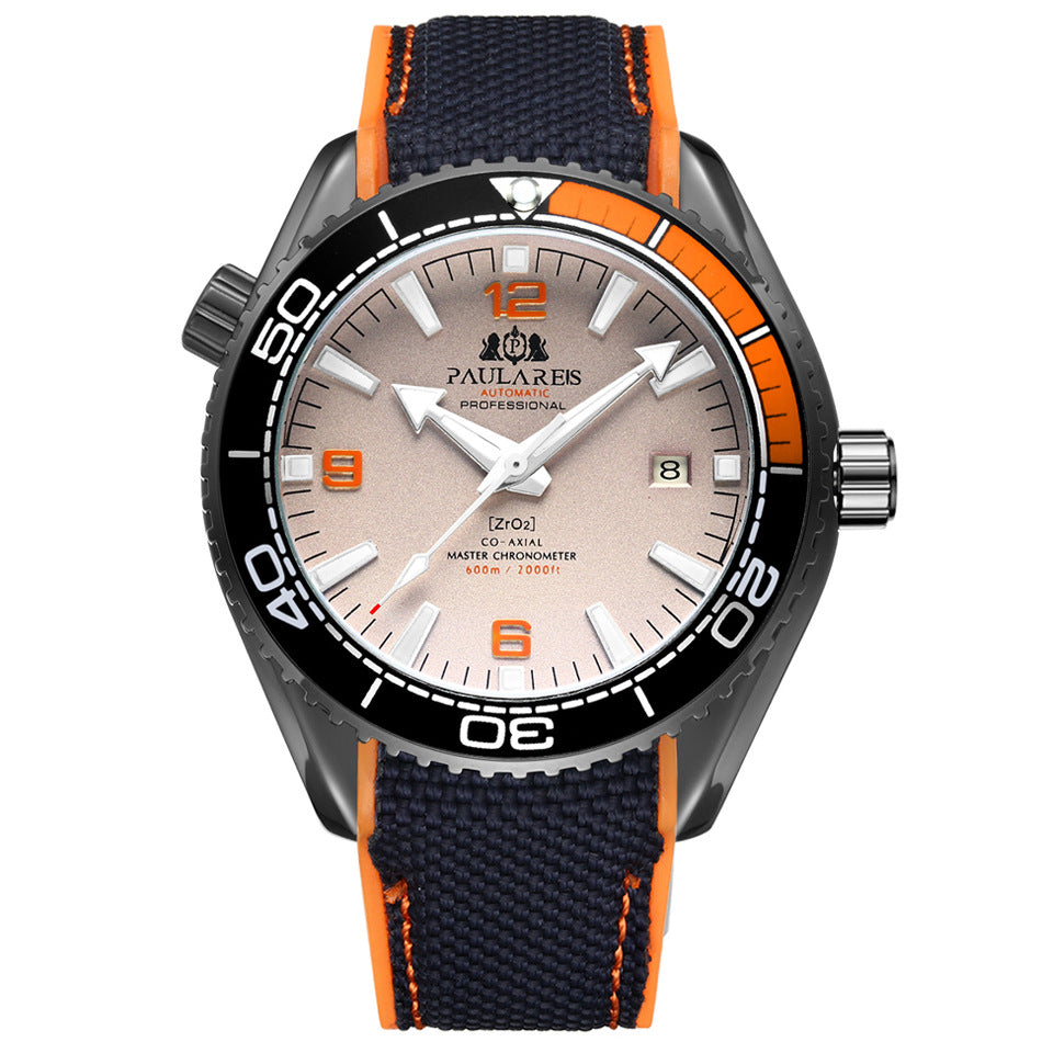 Paulares Professional Herren-Taucheruhr | Cremefarbenes Zifferblatt, orangefarbene Lünette, graues NATO-Nylonarmband, Meisterchronometer, Sportuhr 