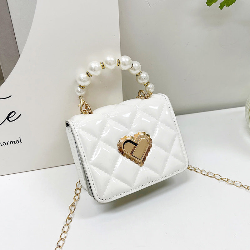 White Quilted Mini Bag with Pearl Handle - Heart Lock Closure Handbag | Elegant Evening Clutch with Gold Hardware
