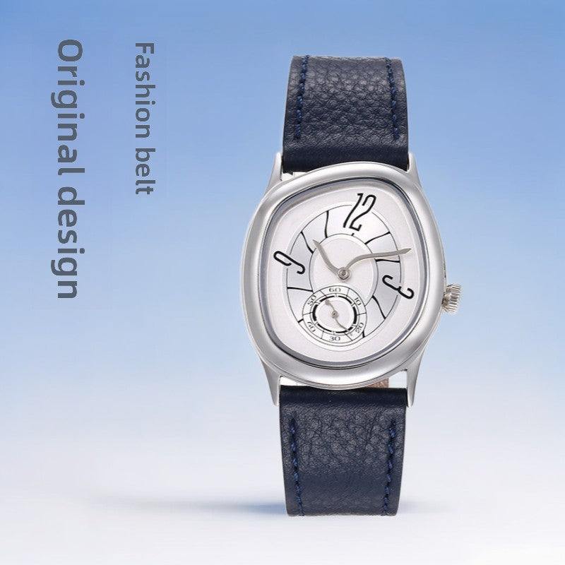 Men's Cushion Case Avant-Garde Watch | White Artistic Dial Sub-Seconds Navy Blue Leather | Original Design Fashion Timepiece