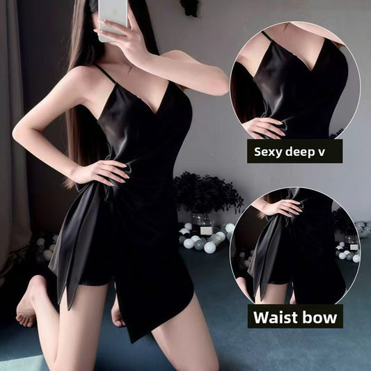 Women's Red Satin Wrap Bow Tie Mini Slip Dress Sexy Deep V Neck Asymmetric Ruched Nightgown Chemise Sleepwear