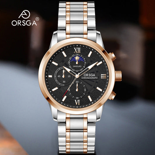 ORSGA Chronograph Moon Phase Watch for Men | Luxury Quartz Dress Watch | Black Leather Strap Silver Dial