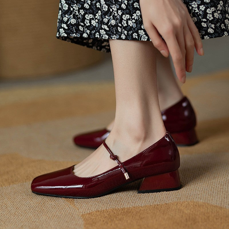 Wine Red Patent Leather Mary Jane Block Heel Pumps | Women's Square Toe Ankle Strap Low Heels | Retro Glossy Shoes
