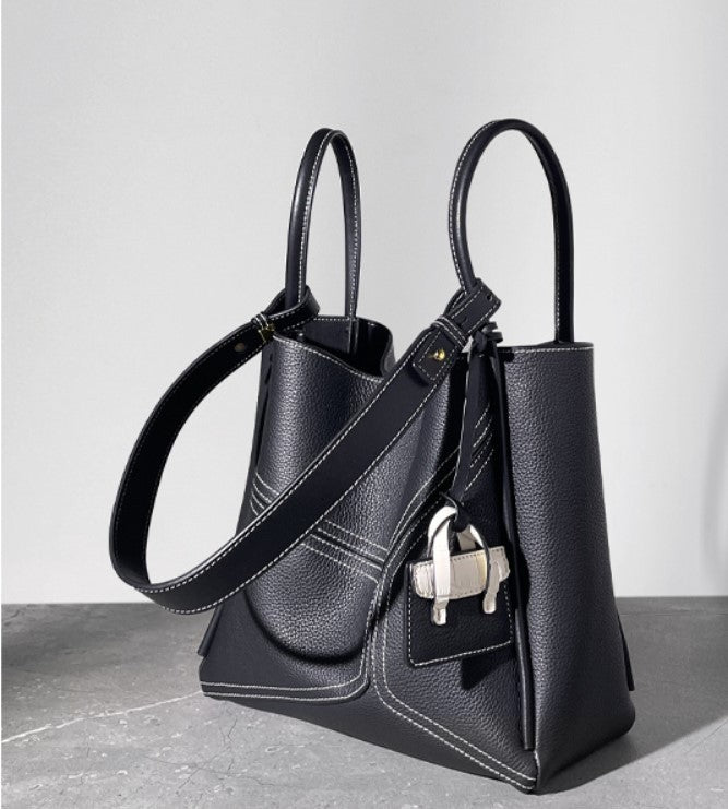 Tan Brown Leather Tote Bag with Front Pocket & Contrast Stitching | Structured Shoulder Bag