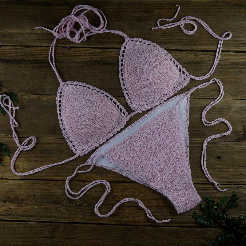 White Crochet Bikini Set | Handmade Triangle Halter Top and String Bottoms Boho Swimwear for Women