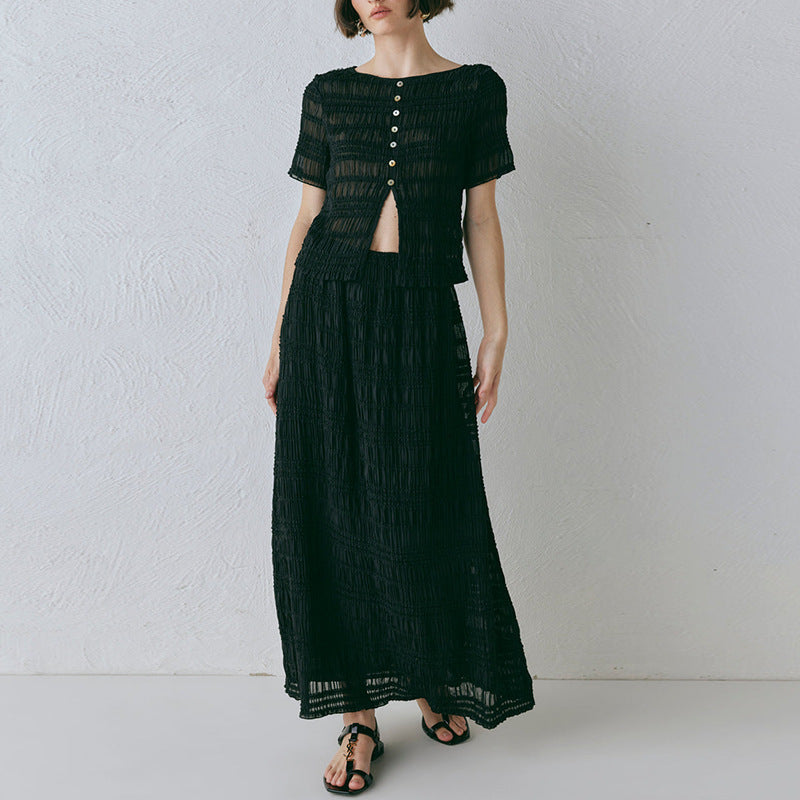 Cream Textured Fringe Stripe Co-Ord Set | Cropped Top & Midi Skirt | Boho Vacation Two-Piece