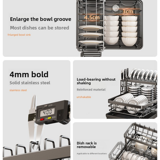2-Tier Dish Drying Rack with Drainage | Large Capacity Kitchen Organizer with Cutting Board, Knife & Chopstick Holder | Countertop Dish Drainer
