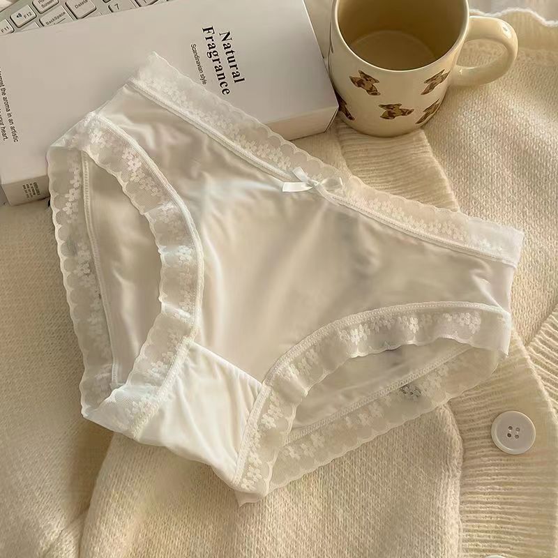 Satin Silk Lace Trim Bow Panties for Women Soft Smooth Mid Rise Briefs Floral Lace Edge White Beige