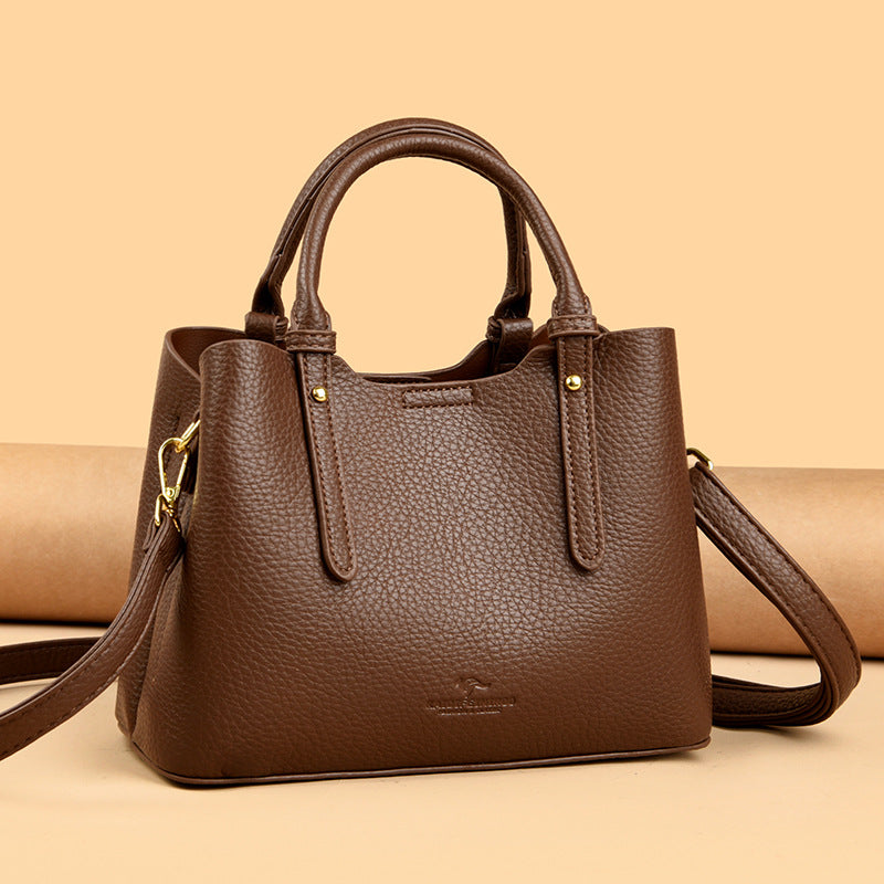 Taupe Pebbled Leather Satchel Bag - Structured Top Handle Tote with Crossbody Strap | Women's Professional Handbag with Gold Hardware