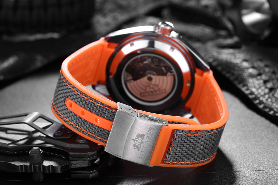 Paulares Professional Men's Diver Watch | Cream Dial Orange Bezel Grey NATO Nylon Strap Master Chronometer Sport Timepiece