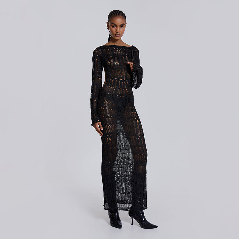 Black Open Knit Hollow Out Long Sleeve Maxi Dress | Sheer Crochet Bodycon Off Shoulder | Sexy See Through Beach Cover Up Evening Dress Women