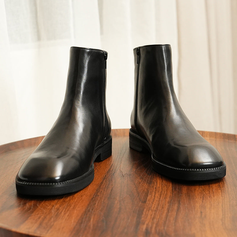 Men's Black Leather Ankle Boots Fleece Lined | Zip Up Winter Chelsea Boot Warm Dress Boot Style 96197