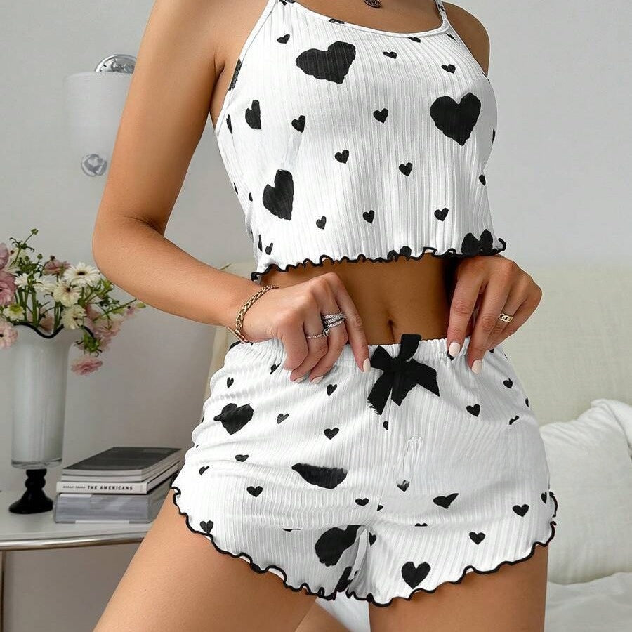 Women's Heart Print Cami Crop Top & Shorts Pajama Set ? Cute 2-Piece Sleepwear Lounge Set