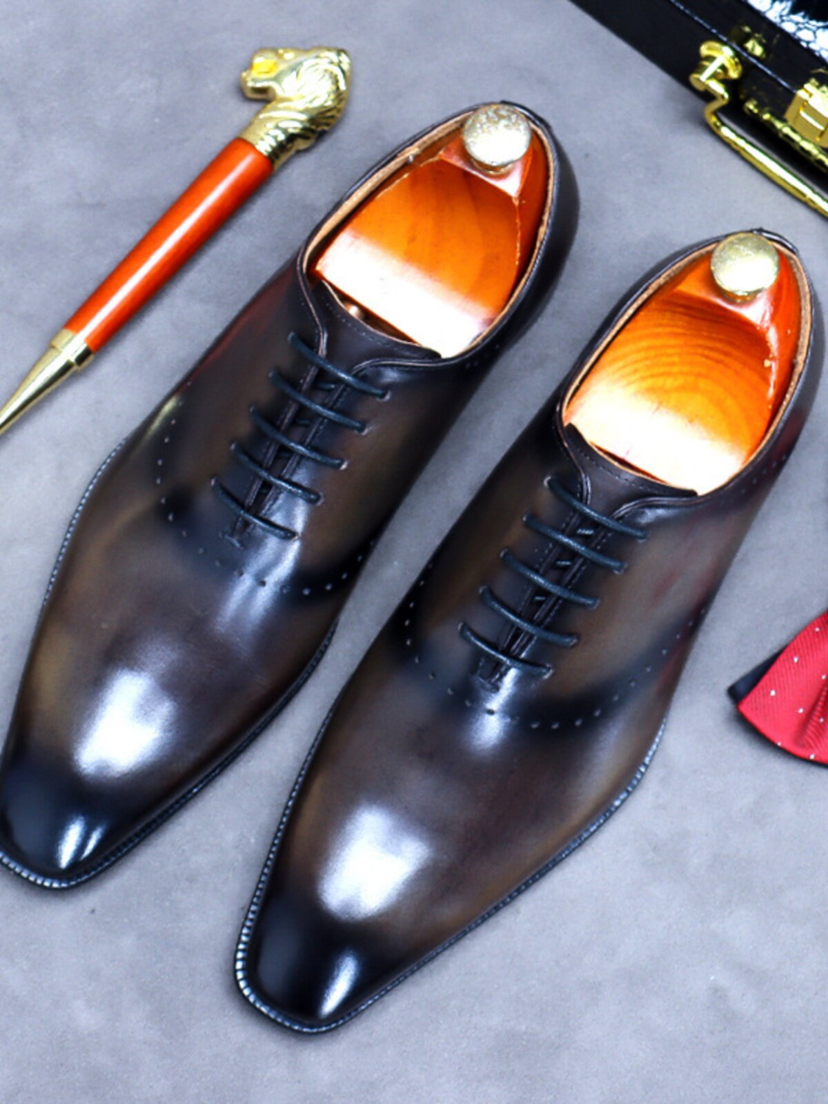 Men's Genuine Leather Oxford Dress Shoes | Black, Tan & Coffee Patina Lace-Up Formal Shoes