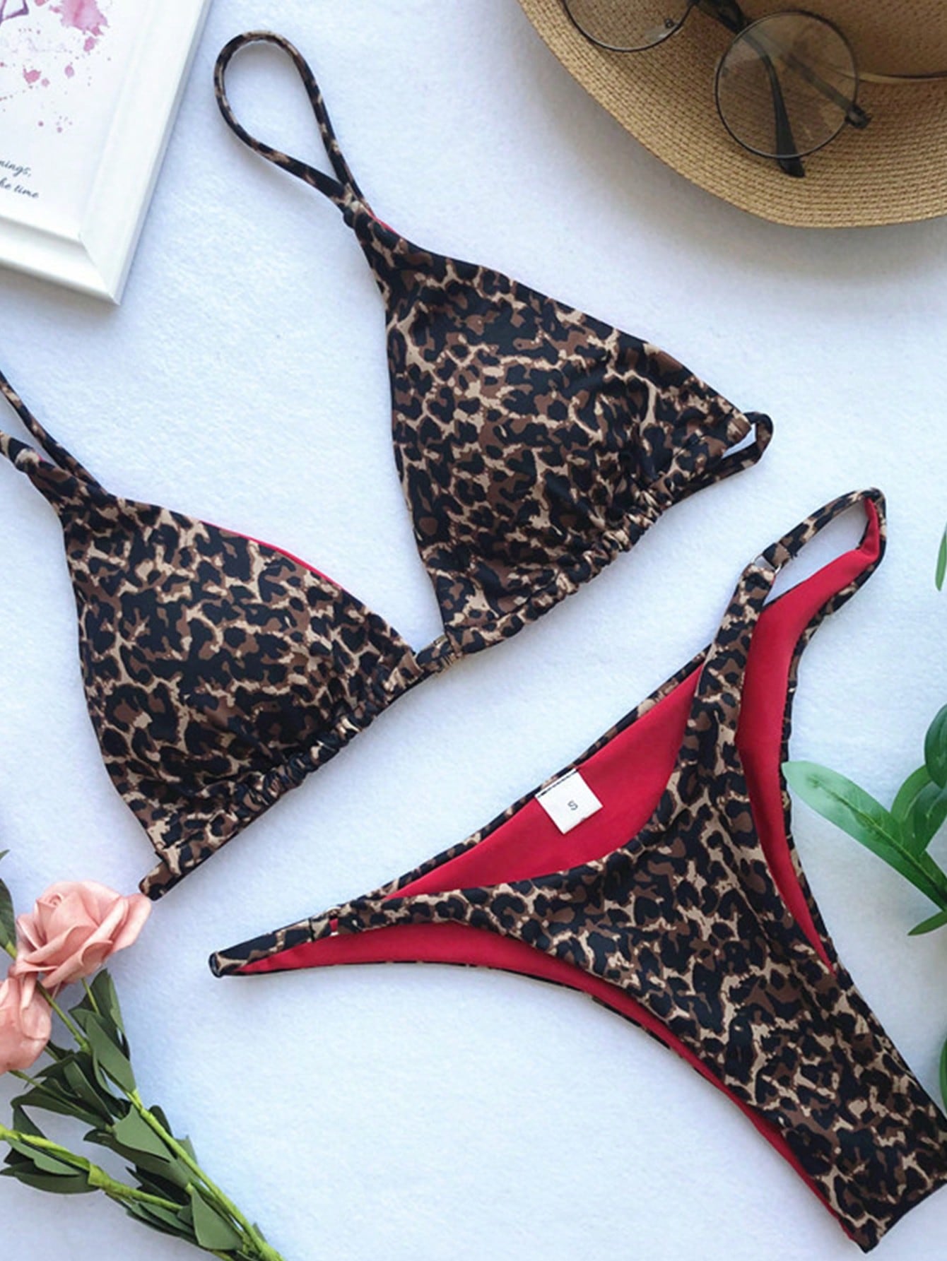 Leopardenmuster-Mikrobikini-Set | Triangel-Bikini-Oberteil und String-Höschen | Sexy String-Bademode für Damen 