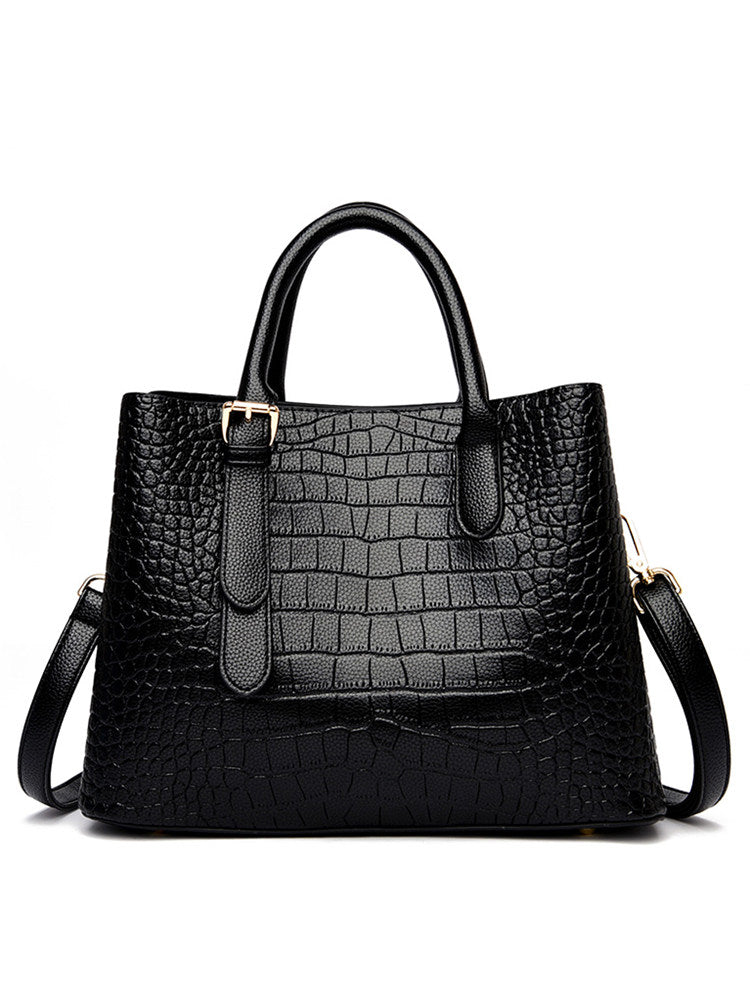 Blue Gray Crocodile Embossed Leather Handbag with Gold Hardware | Structured Tote