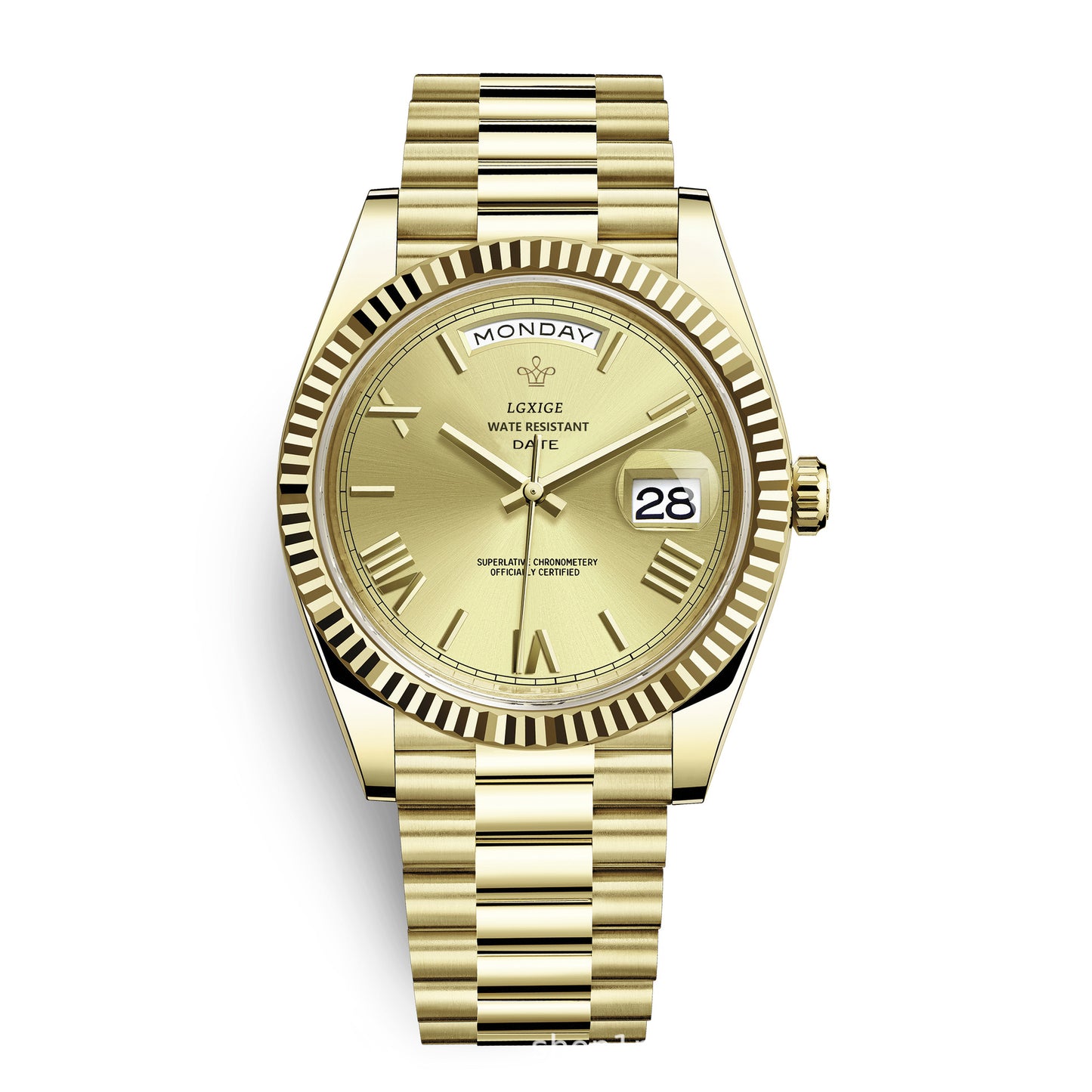 LGXIGE Men's Gold Day-Date Watch | Champagne Dial Fluted Bezel Presidential Bracelet Roman Numeral Luxury Watch