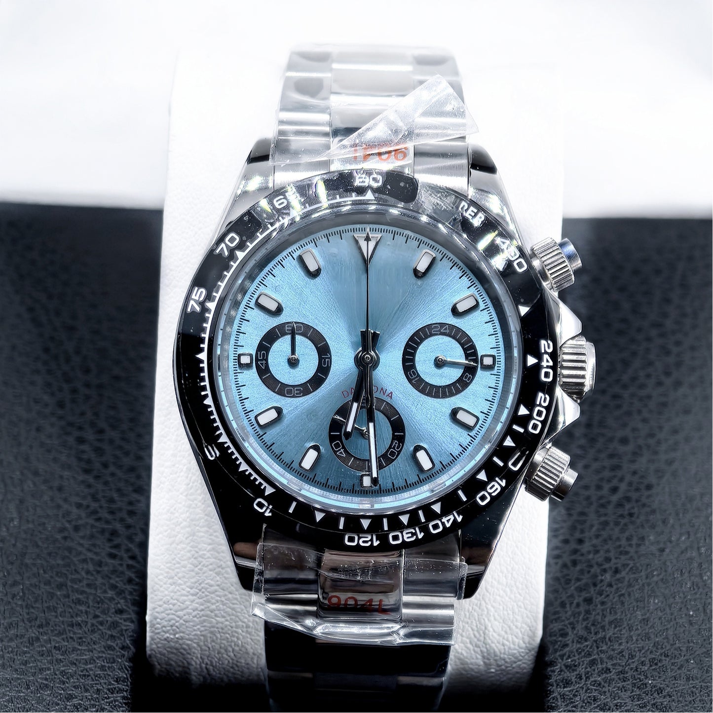 Seiko Ice Blue Chronograph Watch Men | Black Ceramic Tachymeter Bezel | 904L Steel Oyster Bracelet | Triple Sub-Dial Sport Watch