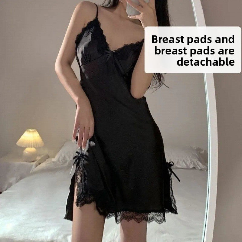 Women's White Satin Lace Trim Babydoll Nightgown | Spaghetti Strap Bow Tie Mini Slip Dress | Bridal Romantic Sleepwear Lingerie Chemise