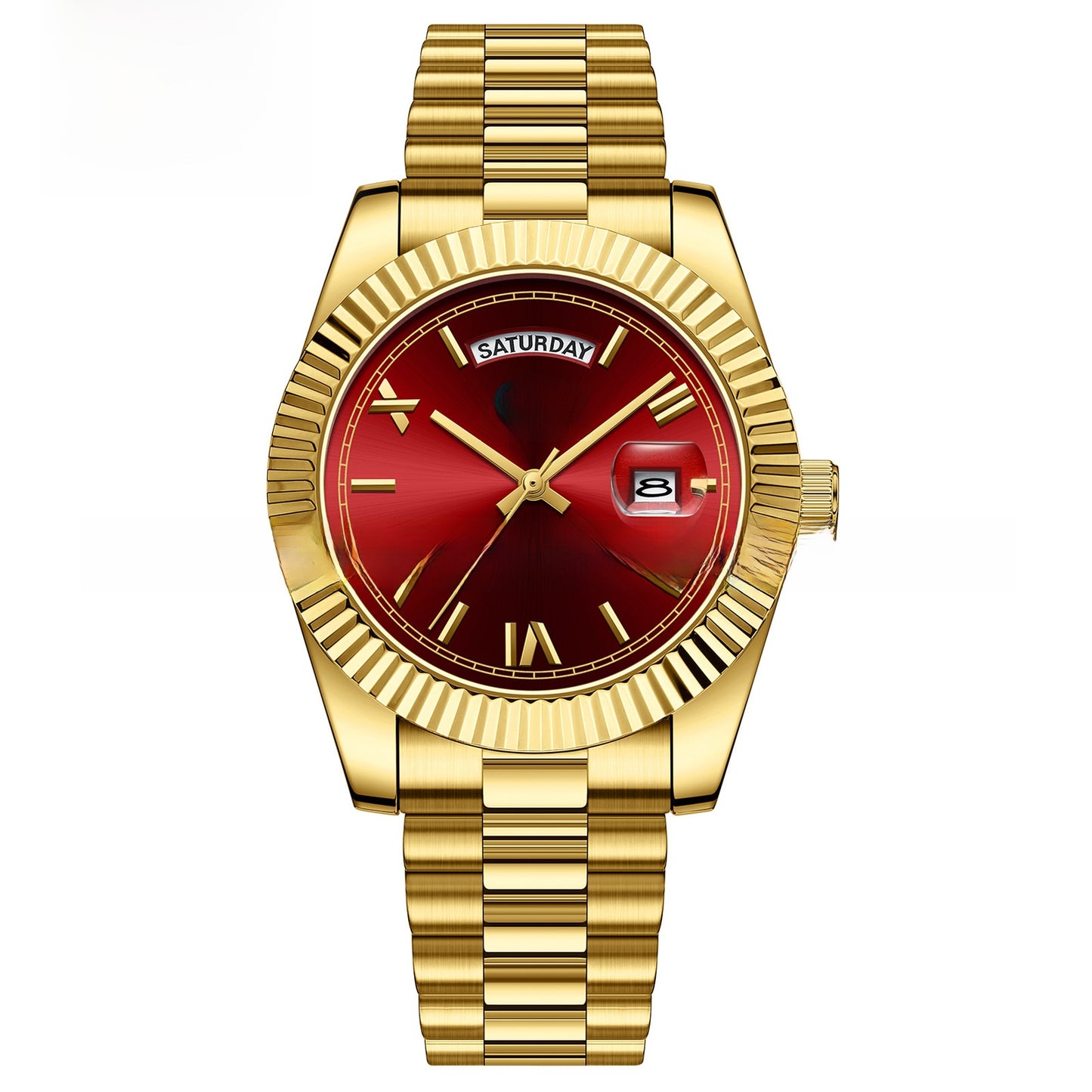 Carsikie Herrenuhr mit arabischen Ziffern | Schwarzes Zifferblatt mit Sonnenschliff | Geriffelte Lünette im Präsidentenstil | Tag- und Datumsanzeige | Silberne Edelstahluhr 