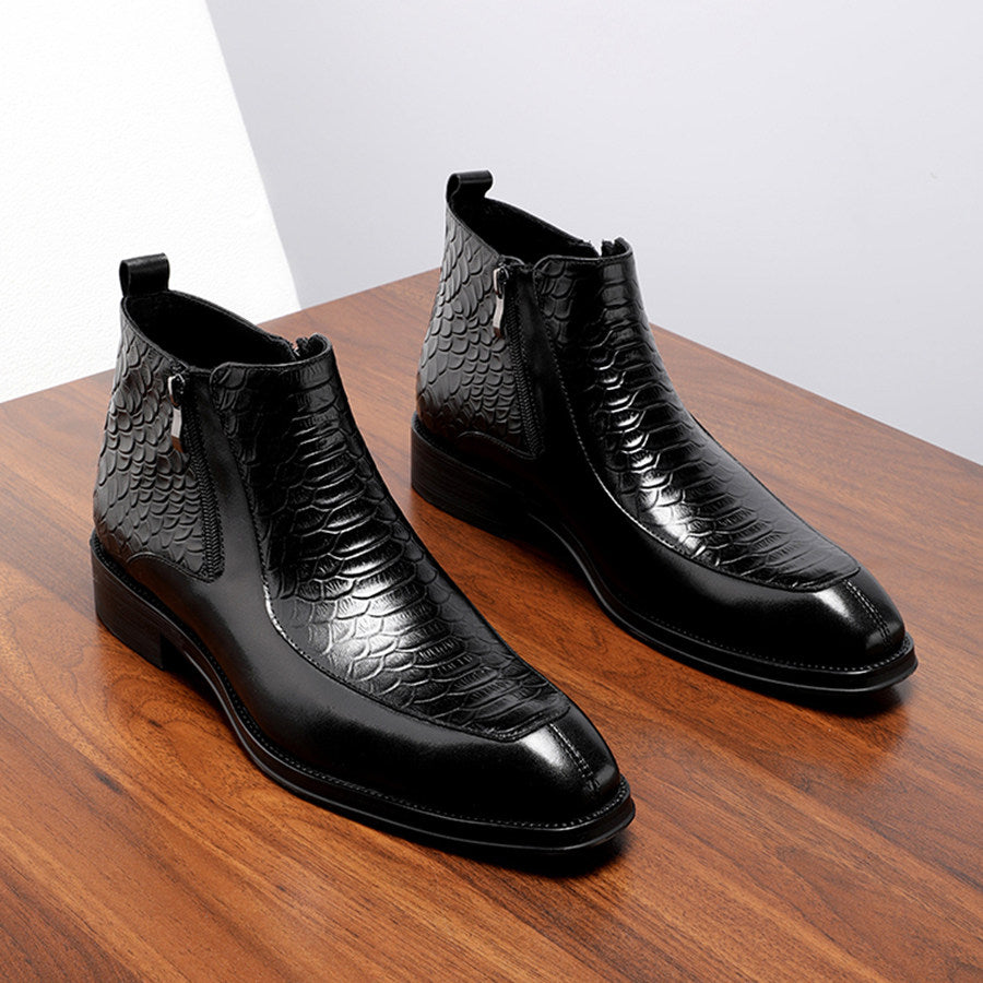 Men's Black Scale Embossed Square Toe Side Zip Ankle Boots