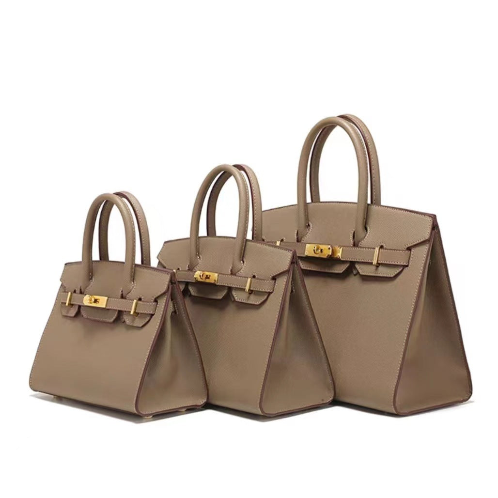 Women's Luxury Structured Leather Tote Bag | Taupe Grey Gold Hardware Top Handle Handbag | Designer Style Purse