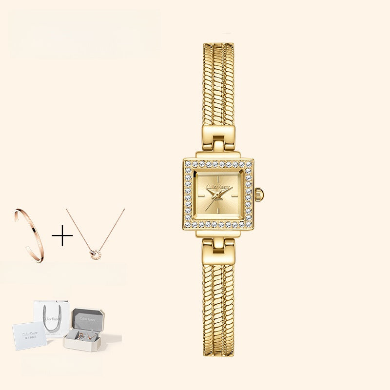 Women's Gold Square Crystal Bezel Watch | Diamond Pave Snake Chain Bracelet Champagne Dial Luxury Quartz Timepiece