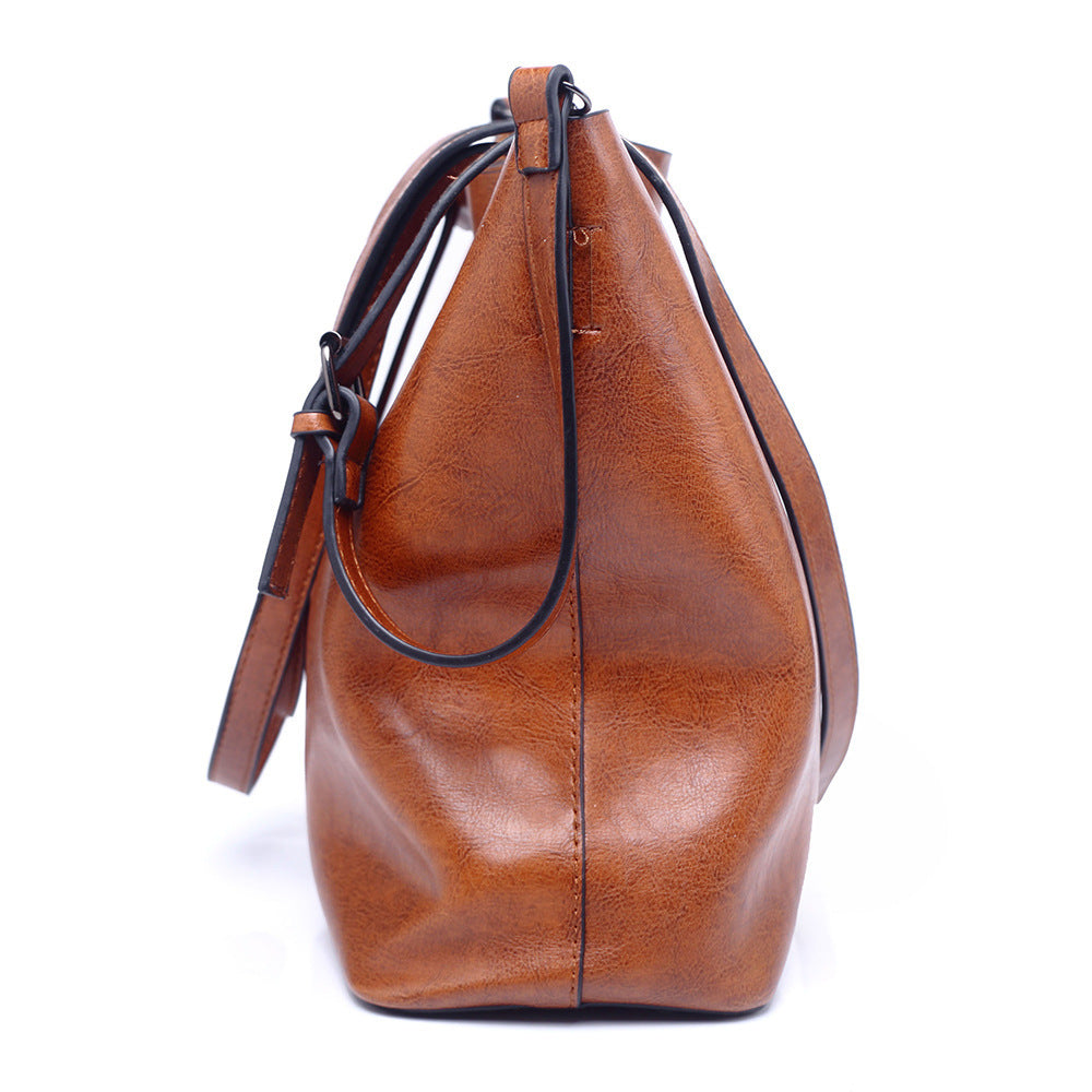 Cognac Brown Leather Tote Bag with Crossbody Strap | Vintage Style Shoulder Bag