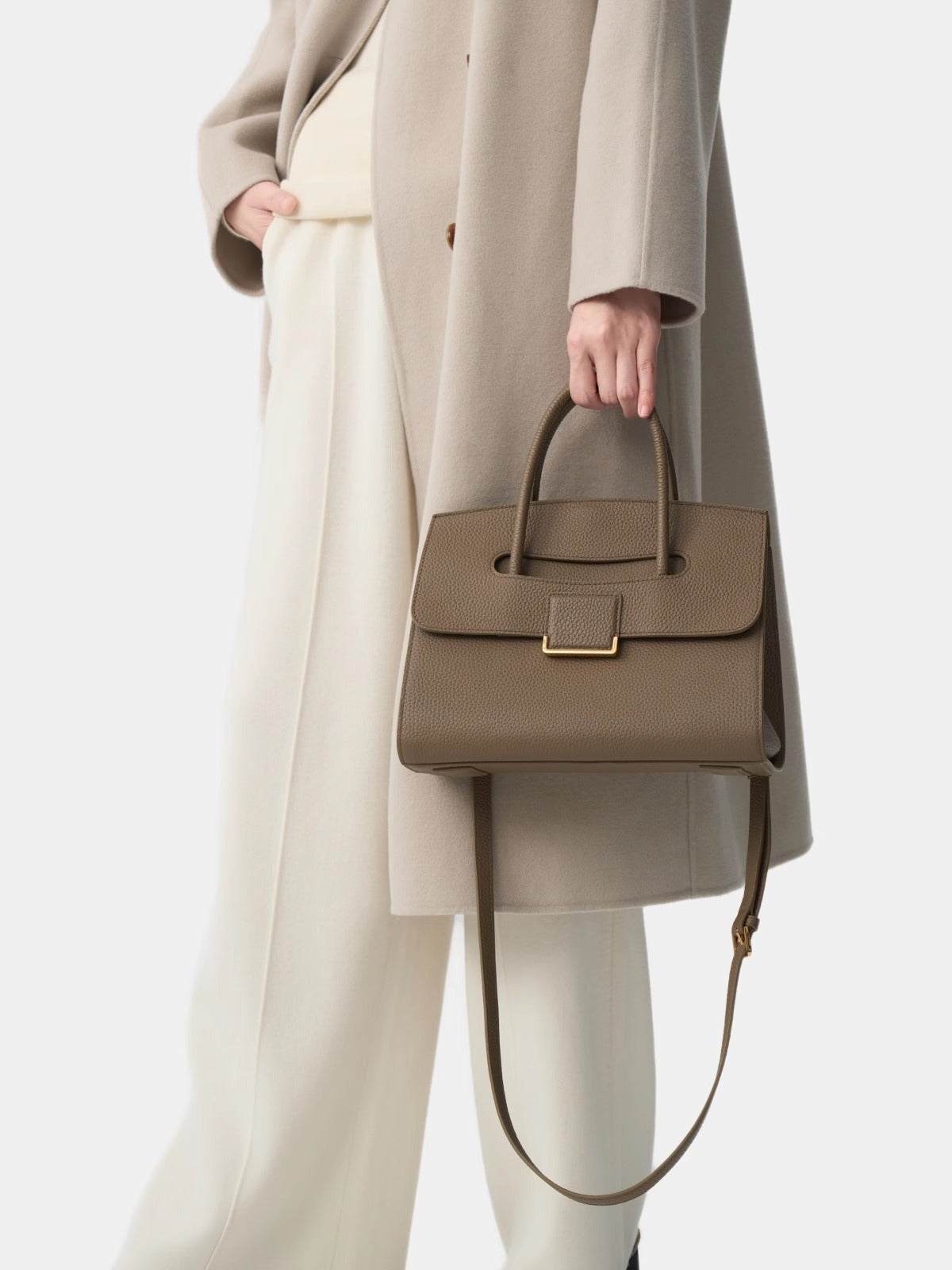Cream Structured Top Handle Bag | Classic Leather Handbag