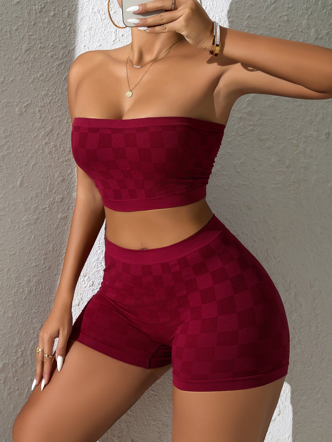 Burgundy Checkered Seamless Tube Top & Shorts Set | Women's 2 Piece Bandeau Biker Short Outfit | Y2K Matching Co-ord Set